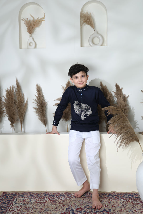 TIGER BLUE SHORT KURTA WITH WHITE TROUSER